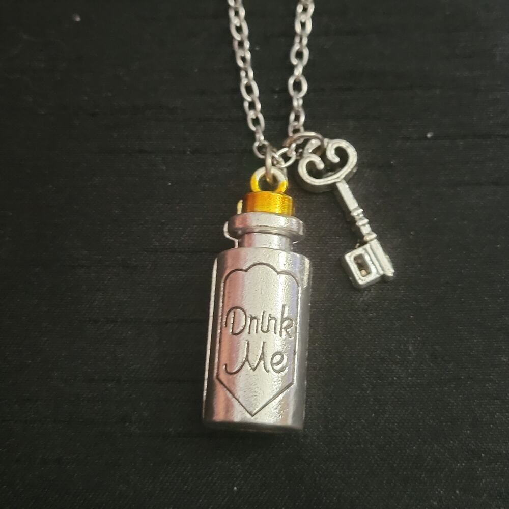 Alice in Wonderland "Drink Me" potion necklace with key charm